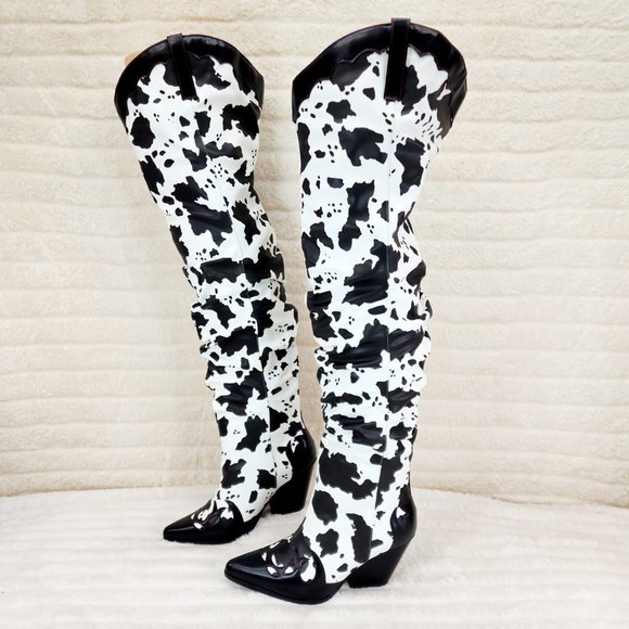 Western White & Black Cow Print OTK Thigh High Slouch Cowboy Boots - Picture 3 of 13